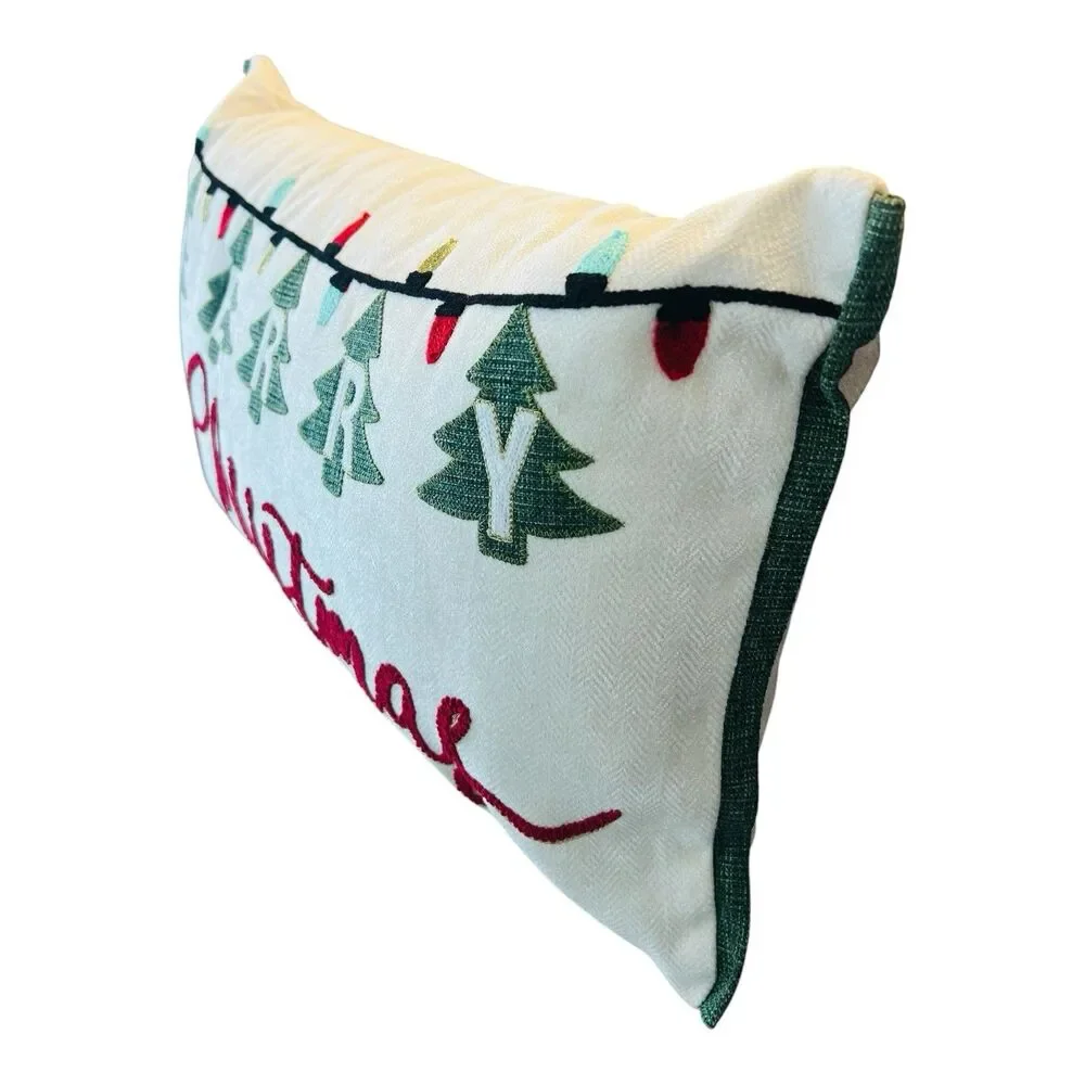 Merry Christmas Lights Embroidered Lumbar Throw Pillow 14x24 Holiday Decor